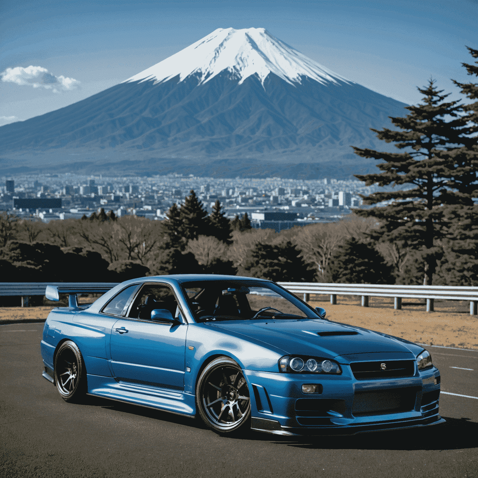 A sleek, modified Nissan Skyline GT-R (R34) in Bayside Blue, showcasing aftermarket wheels, a carbon fiber hood, and a large rear wing. The car is positioned in front of Mount Fuji, symbolizing the fusion of Japanese automotive engineering and natural beauty.