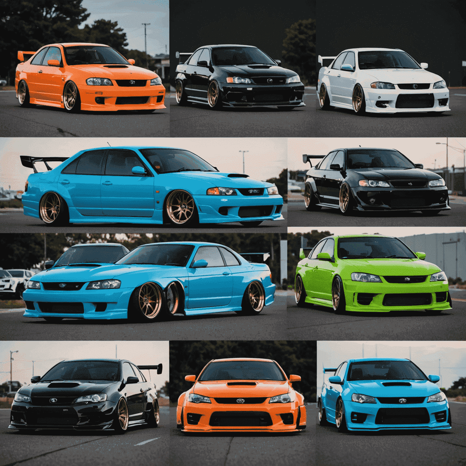 A collage of modern JDM cars showcasing various tuning trends including aggressive body kits, custom wheels, and neon underglow