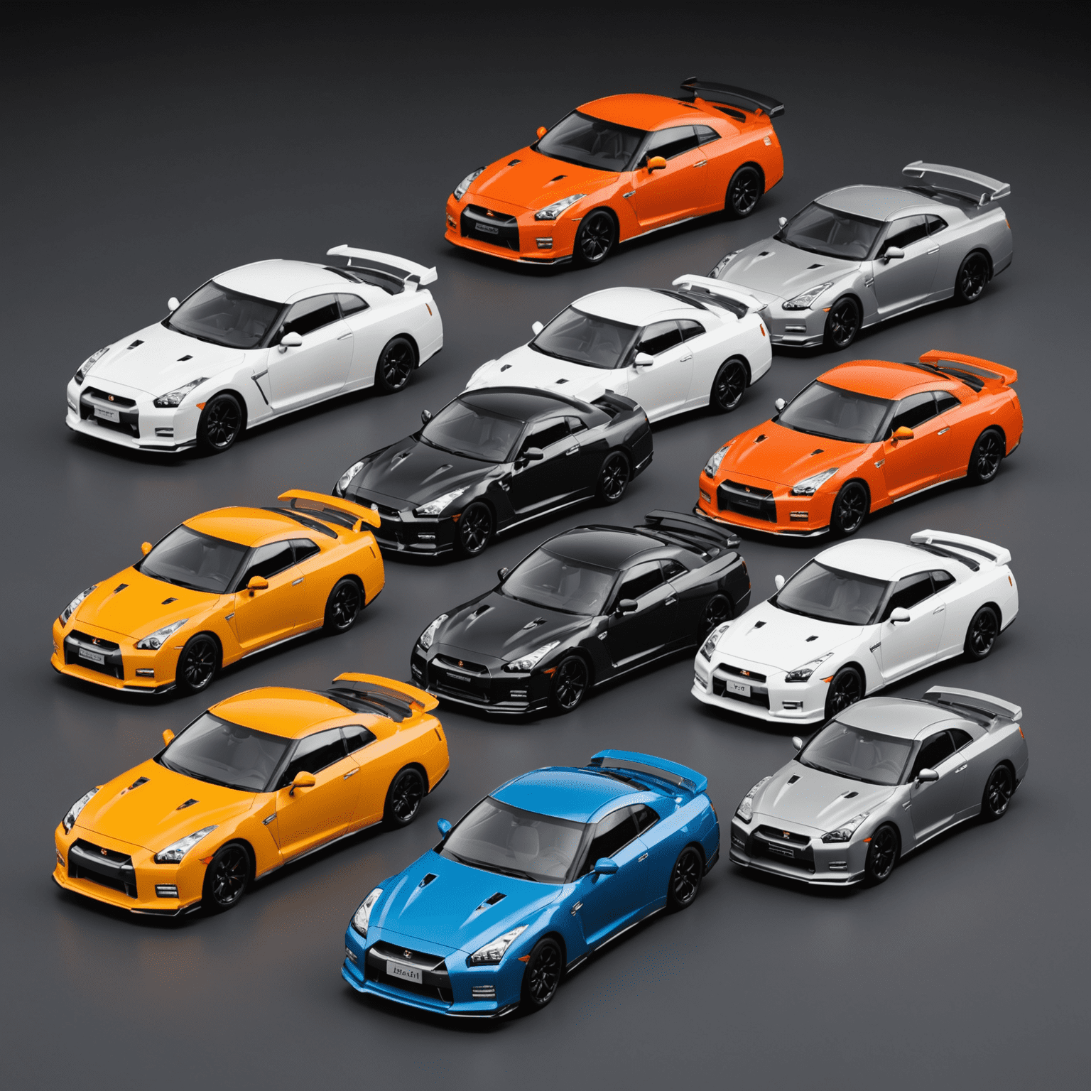 A lineup of Nissan Skyline GT-R models from different generations, showcasing the evolution of the iconic car's design