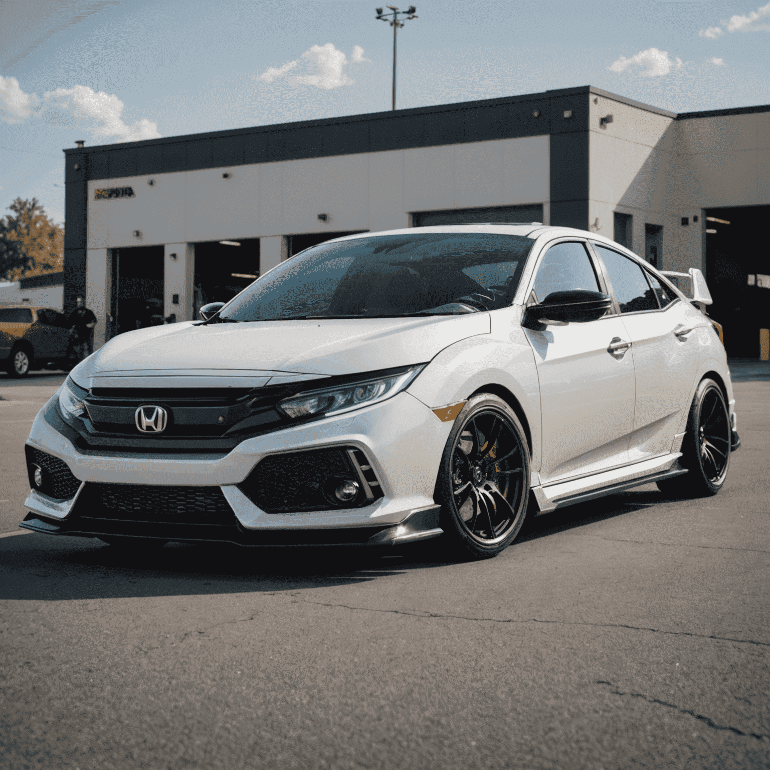 A Honda Civic with visible performance modifications including a lowered suspension, aftermarket wheels, and a custom exhaust system