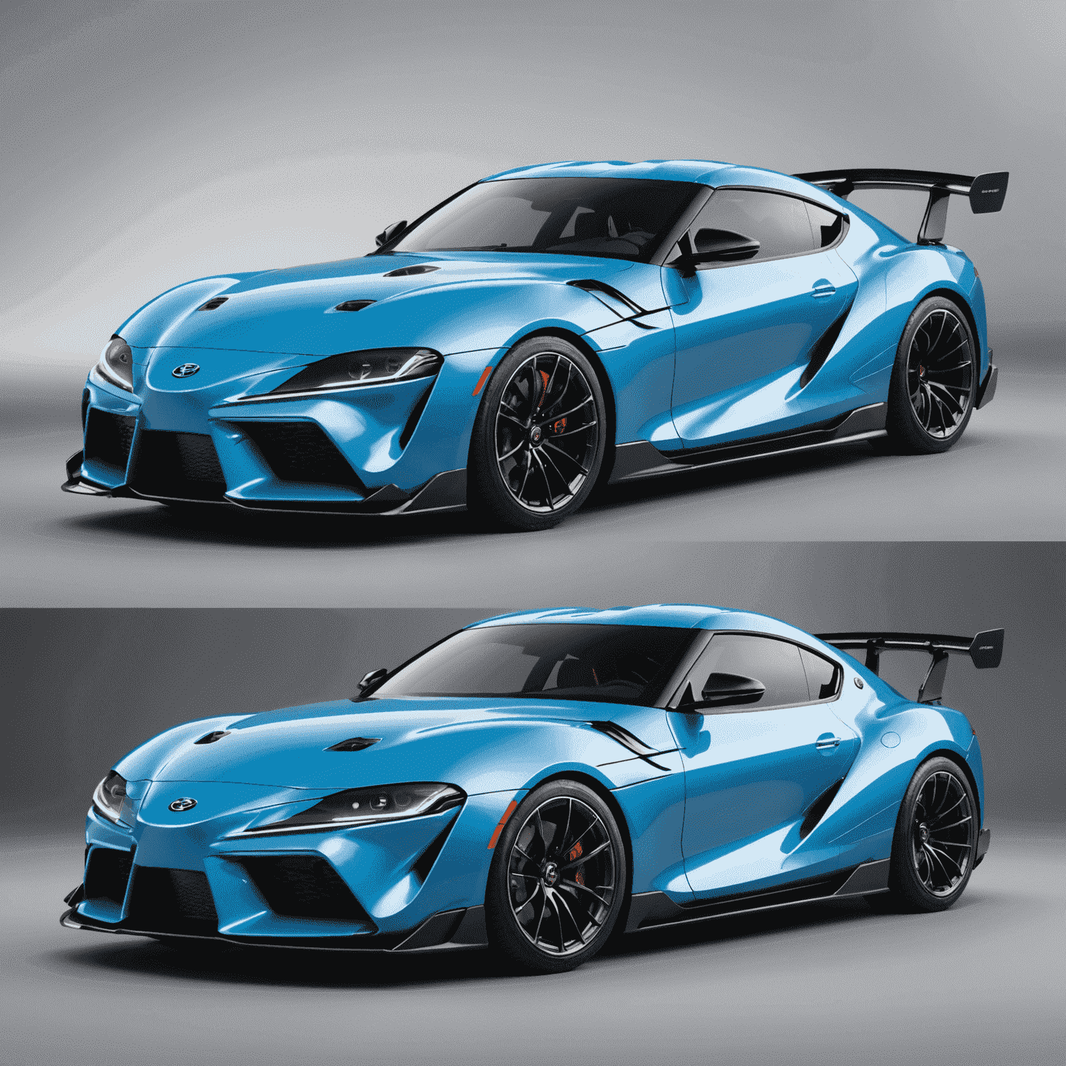 Concept render of an electric Toyota Supra, sleek and futuristic design with distinctive JDM styling cues and glowing blue accents indicating its electric powertrain