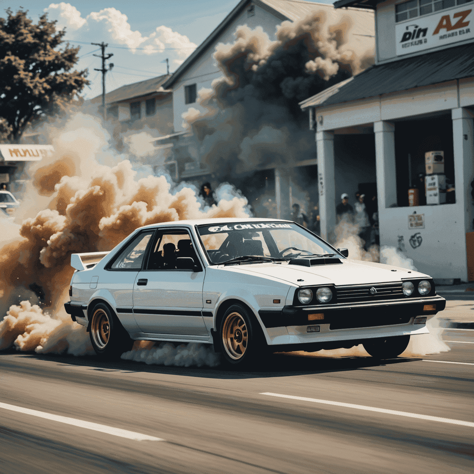 Keiichi Tsuchiya performing a drift in his iconic AE86 Corolla, smoke billowing from the rear tires as he navigates a tight corner with precision