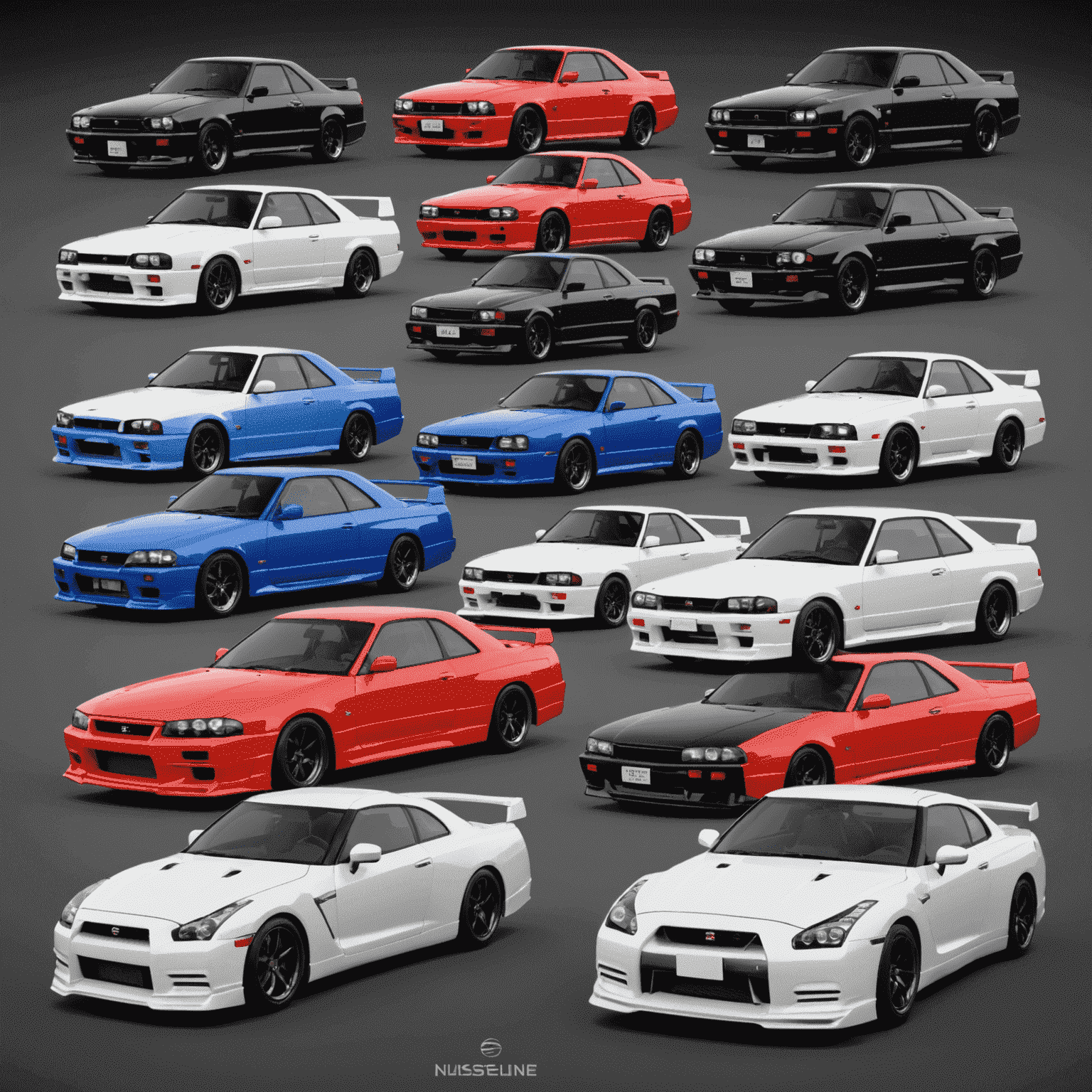 A timeline showcasing different generations of Nissan Skyline GT-R models, from the classic hakosuka to the modern R35