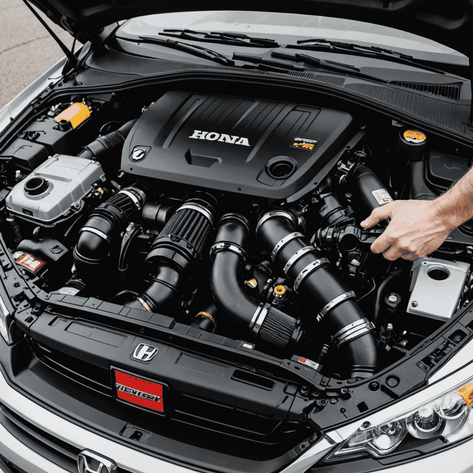 A cold air intake system being installed in a Honda Civic engine bay