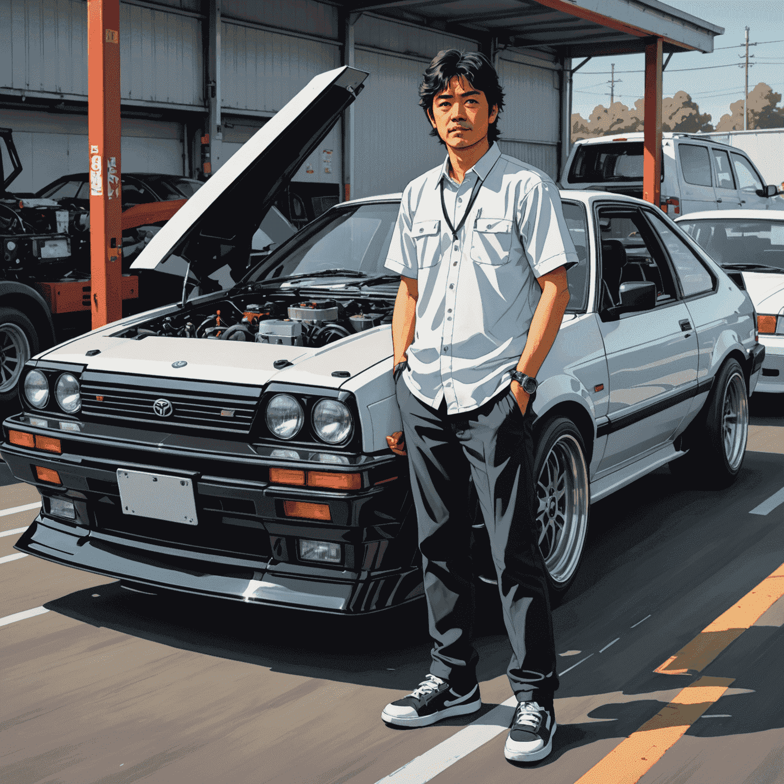 Keiichi Tsuchiya standing next to his modified Toyota AE86, the car's engine bay open to reveal a meticulously tuned 4A-GE engine