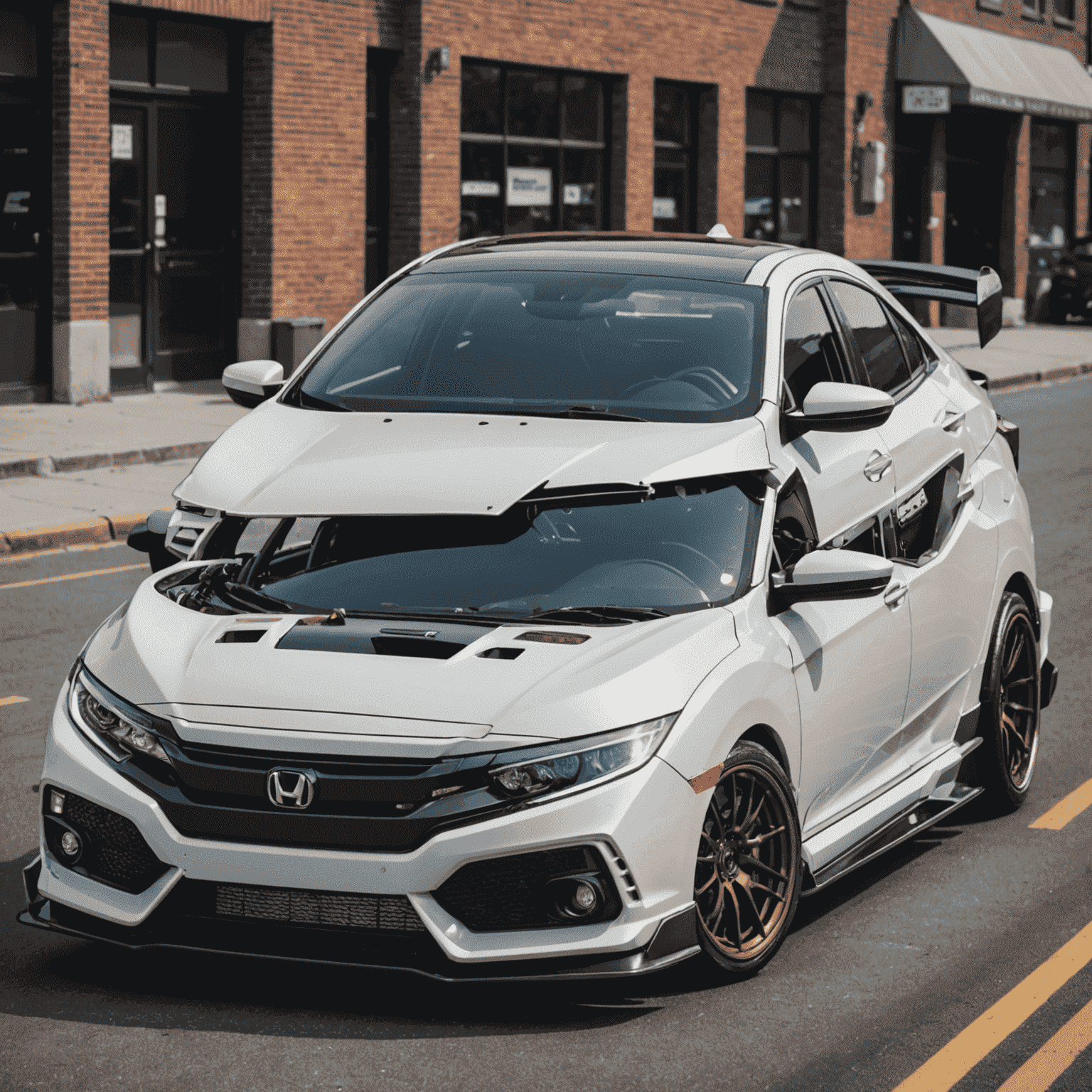 A Honda Civic with various visible modifications including a body kit, aftermarket wheels, and a performance exhaust system