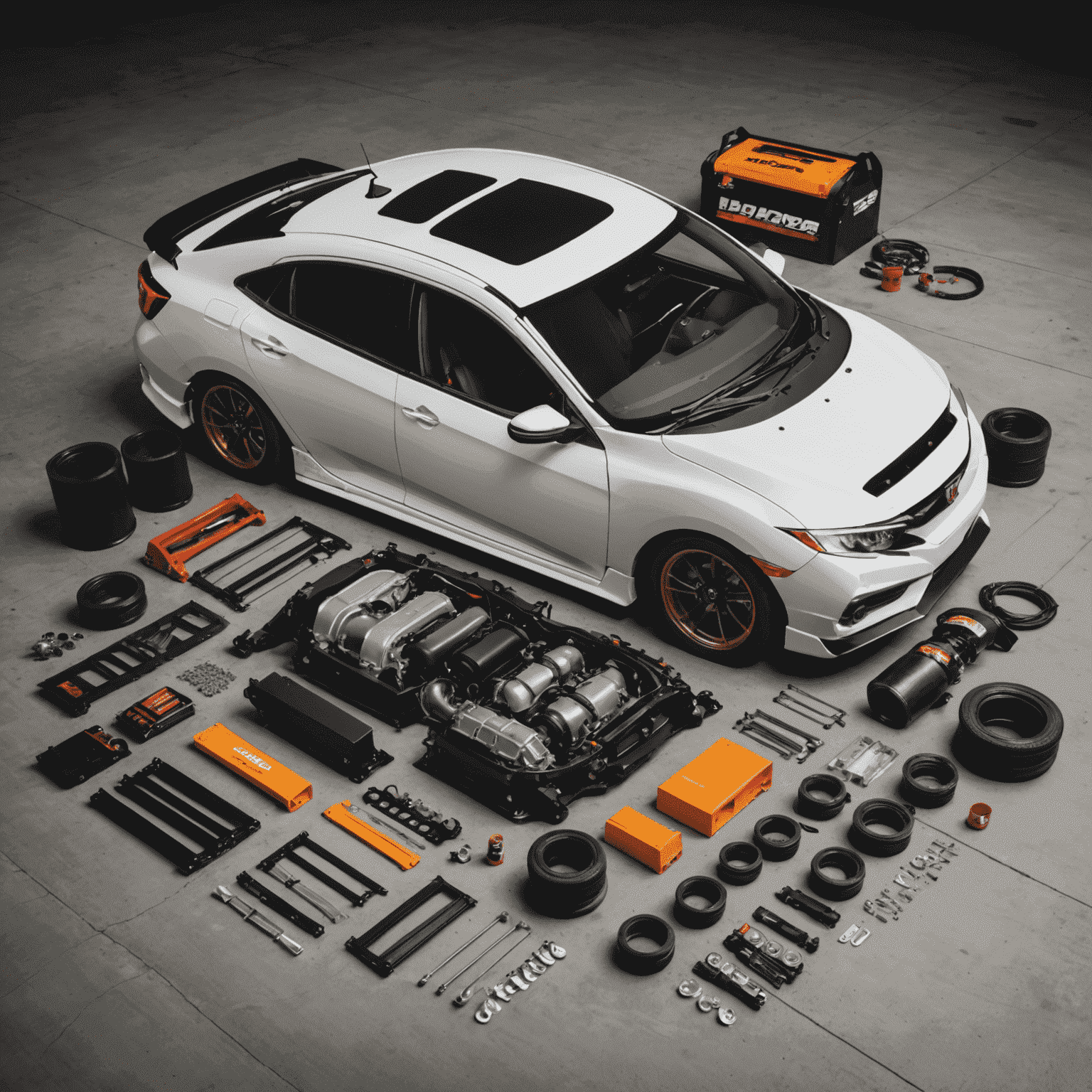A Honda Civic with various aftermarket parts laid out next to it, including intake systems, lowering springs, and body kit components