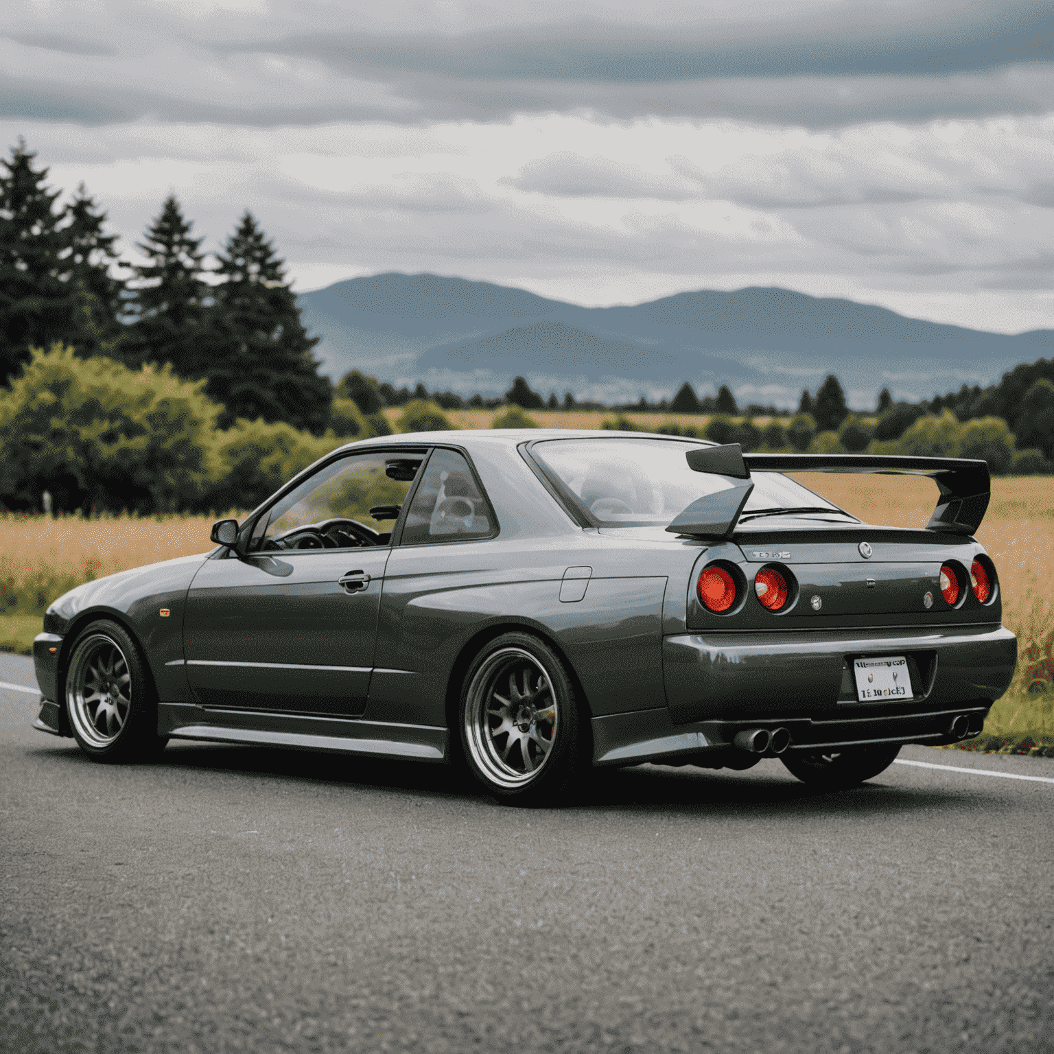 An R32 Skyline GT-R in Gunmetal Grey, showcasing its iconic round taillights and sleek 90s design