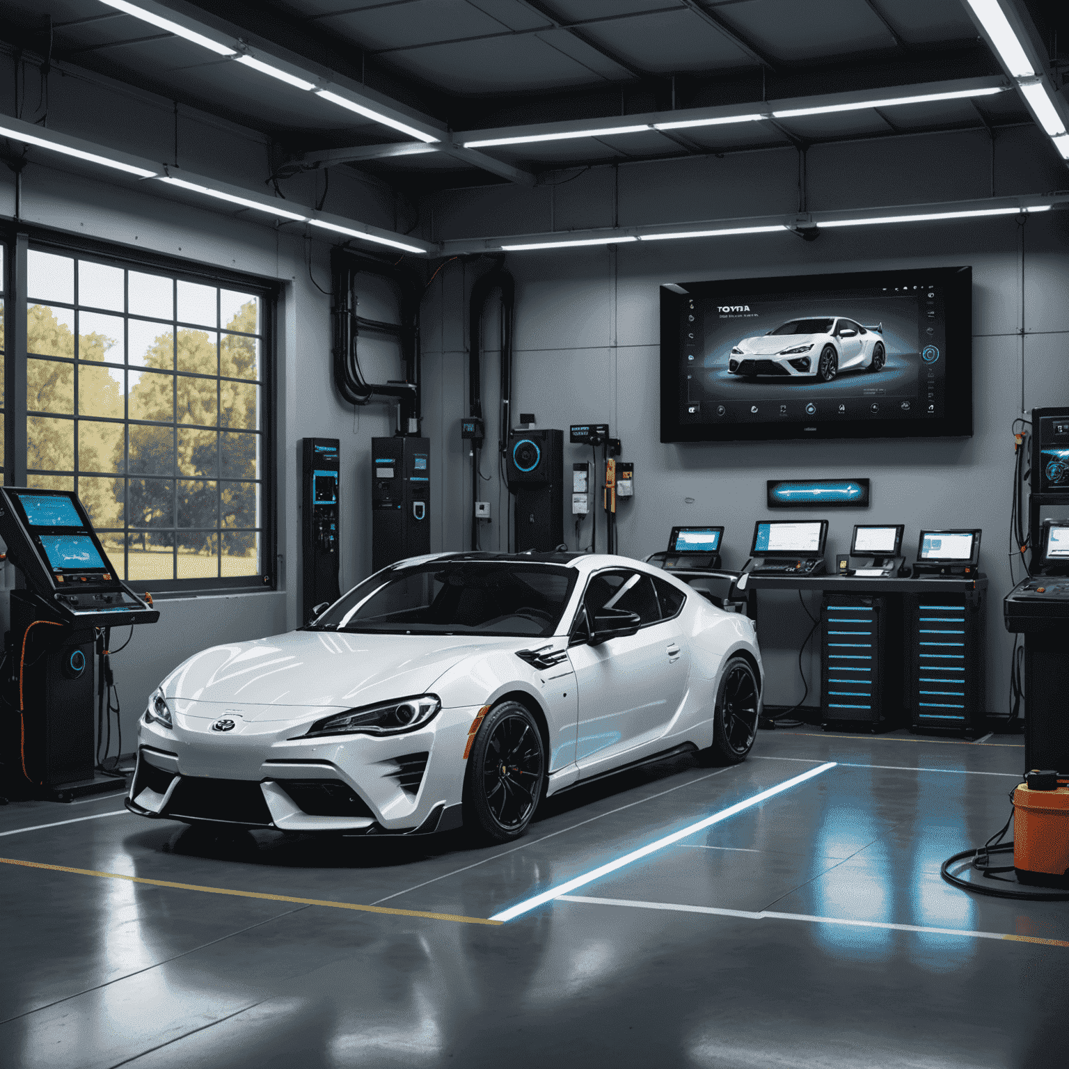 A futuristic garage setup showing an electric Toyota 86 connected to diagnostic equipment and a large touchscreen display, representing the new era of electric vehicle tuning and customization