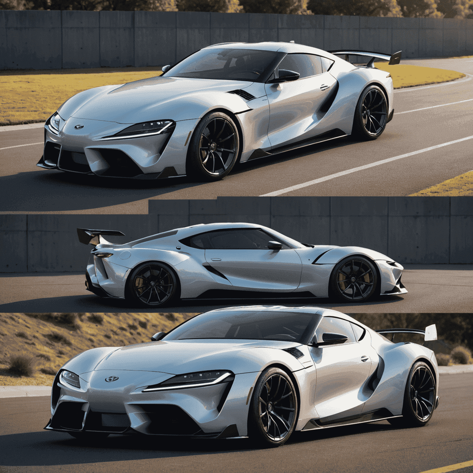 Futuristic concept renders of electrified Toyota sports cars, including an electric Supra and 86 with sleek, aerodynamic designs