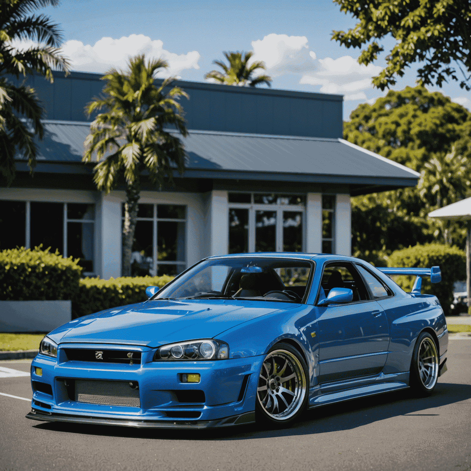 A Bayside Blue R34 Skyline GT-R, highlighting its aggressive front fascia and iconic rear wing
