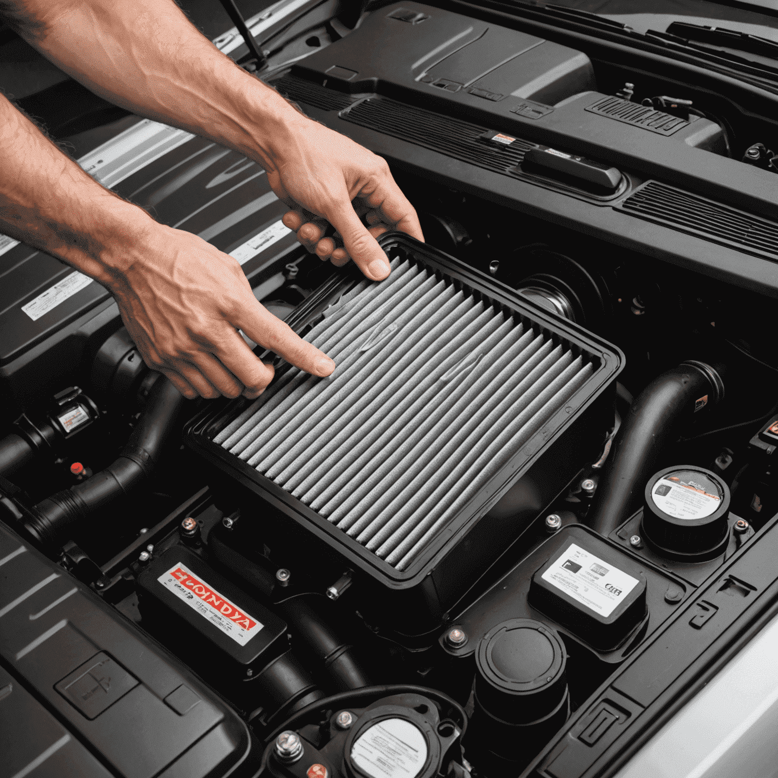 A high-flow air filter being installed in a Honda Civic
